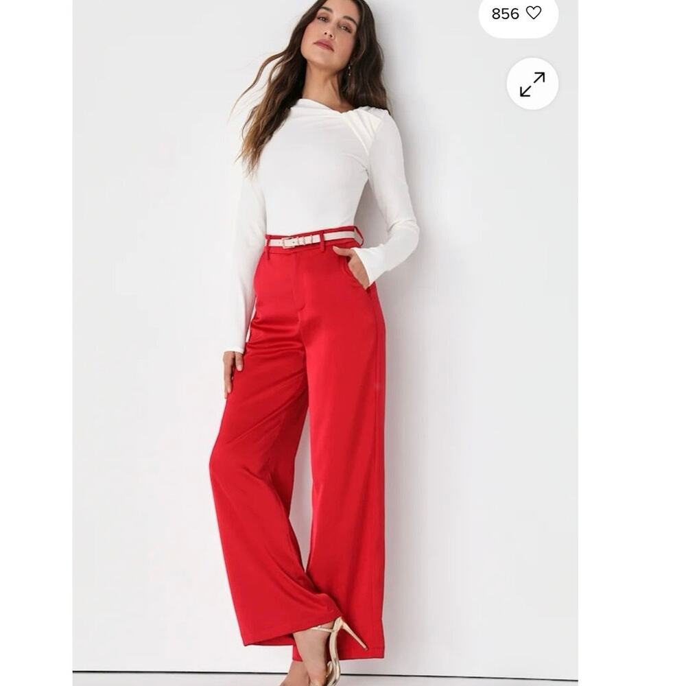 Lulus Modern Approach Red Satin Wide-Leg Pants Size Small